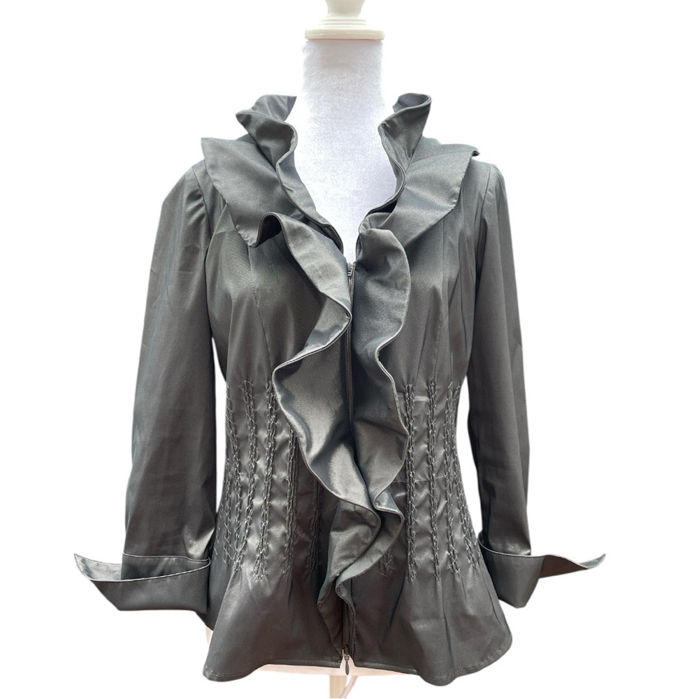 Joseph Ribkoff Size 8 Silver Ruffle Jacket Statement Evening Blazer
